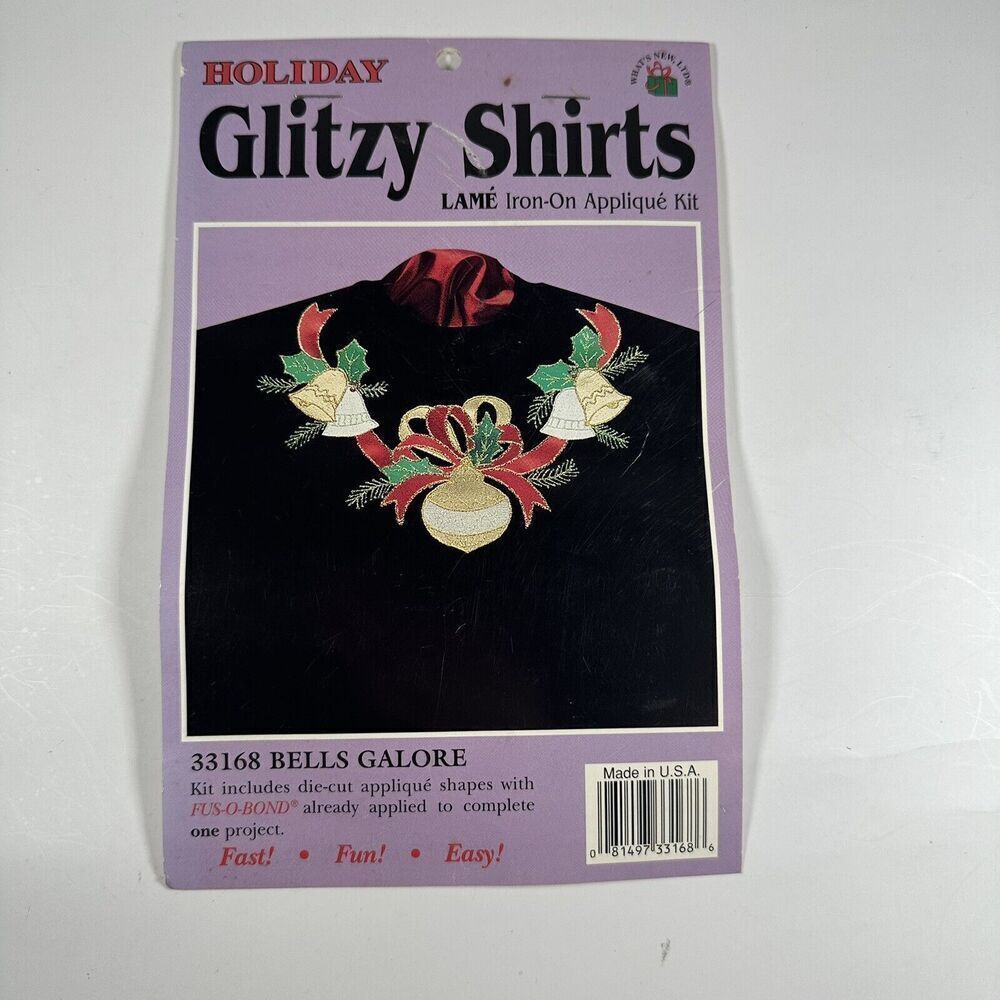 Holiday Glitzy Shirts Iron-On Applique‎ Kit Bells Galore #33168 New Gold Lame